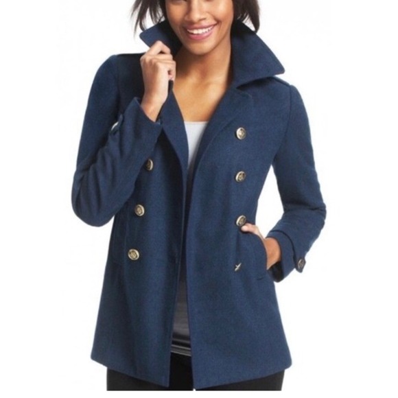 Cabi XS Blue Pea Coat Wool Blend Gold Anchor Button Double Breasted - Picture 1 of 10